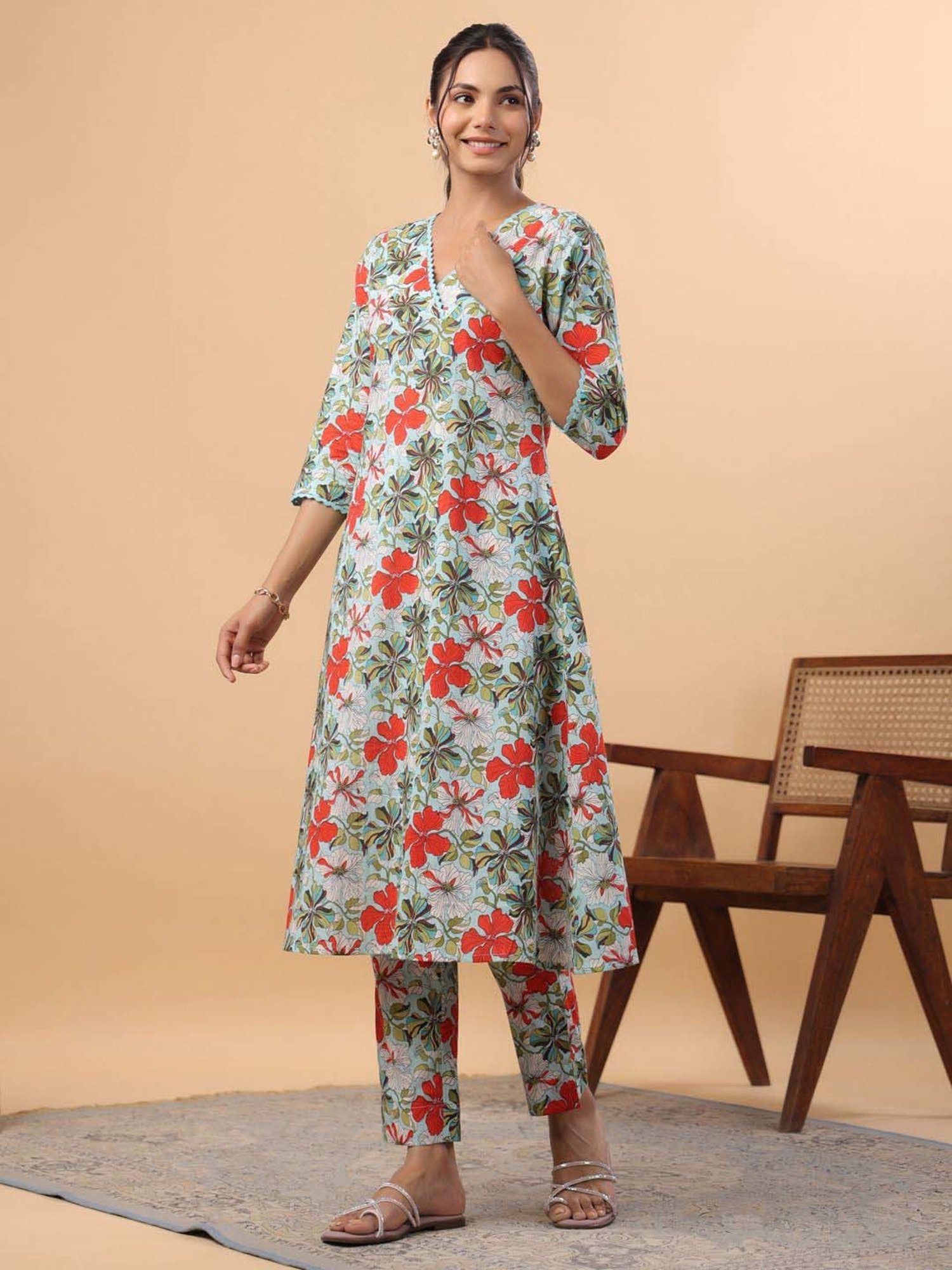 Janasya Blue Cotton Floral Print Co-Ord Set