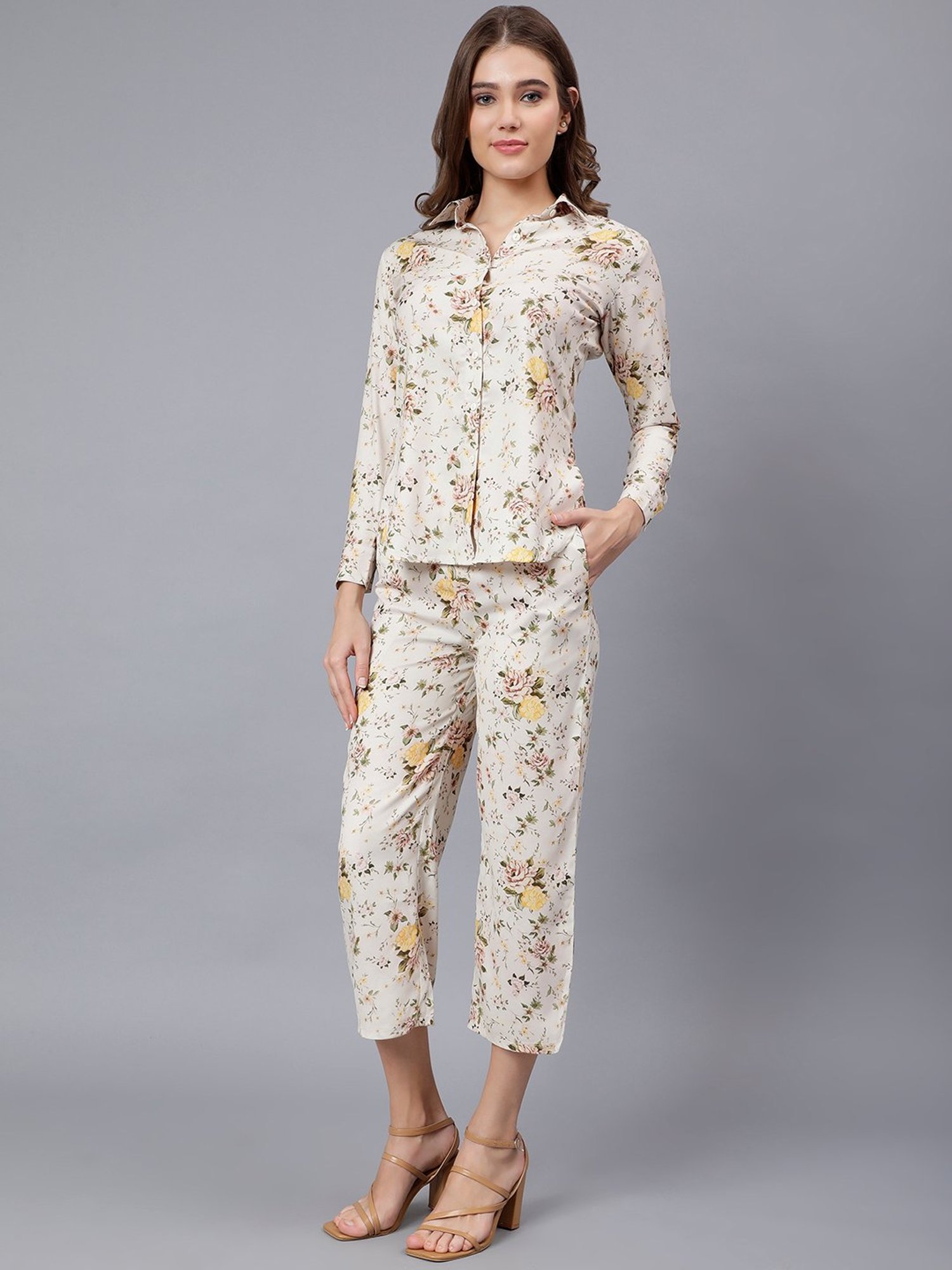 Anvi Be Yourself Cream Floral Print Midi Co-Ord Set