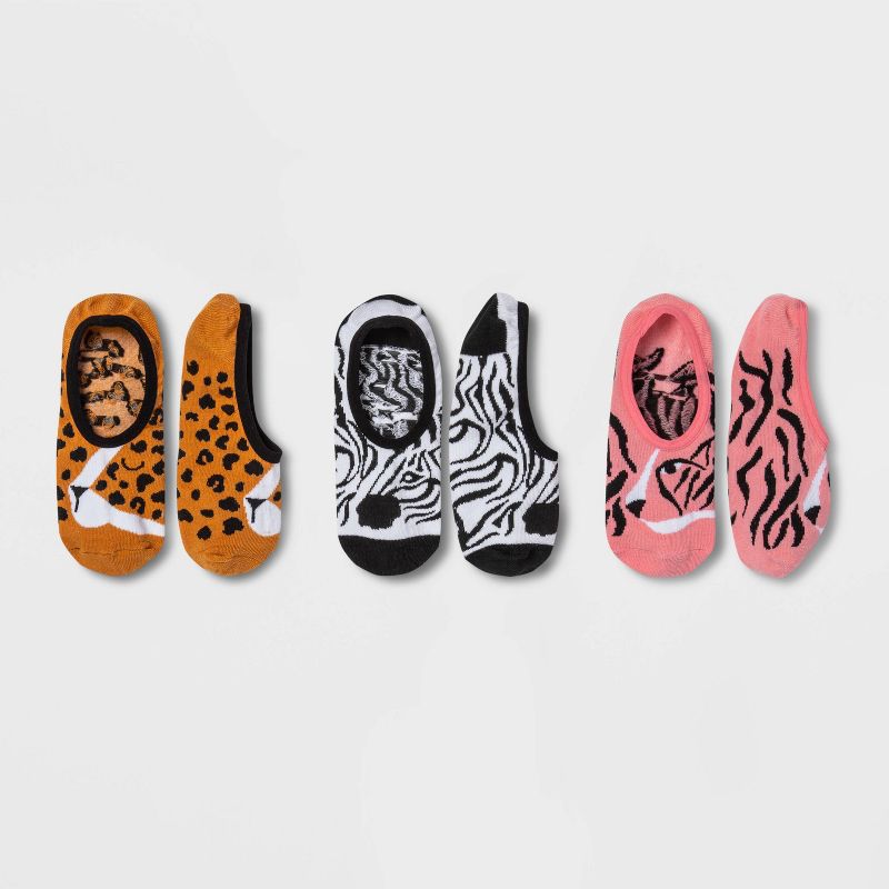 Women's Safari Animals 3pk Liner Socks - Xhilaration™ Brown/Black/Pink 4-10