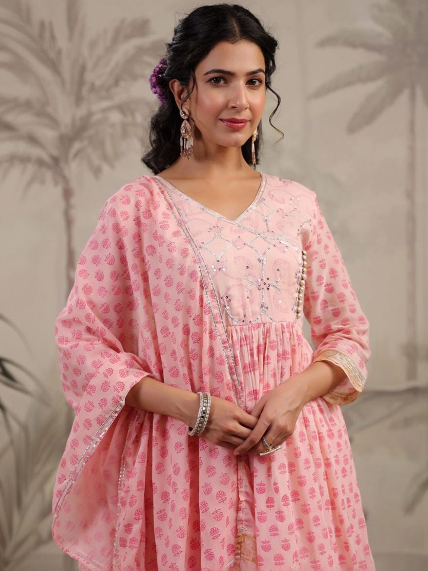 SCAKHI Peach Hand-Block Printed Handworked Anarkali Kurta and Pant With Dupatta