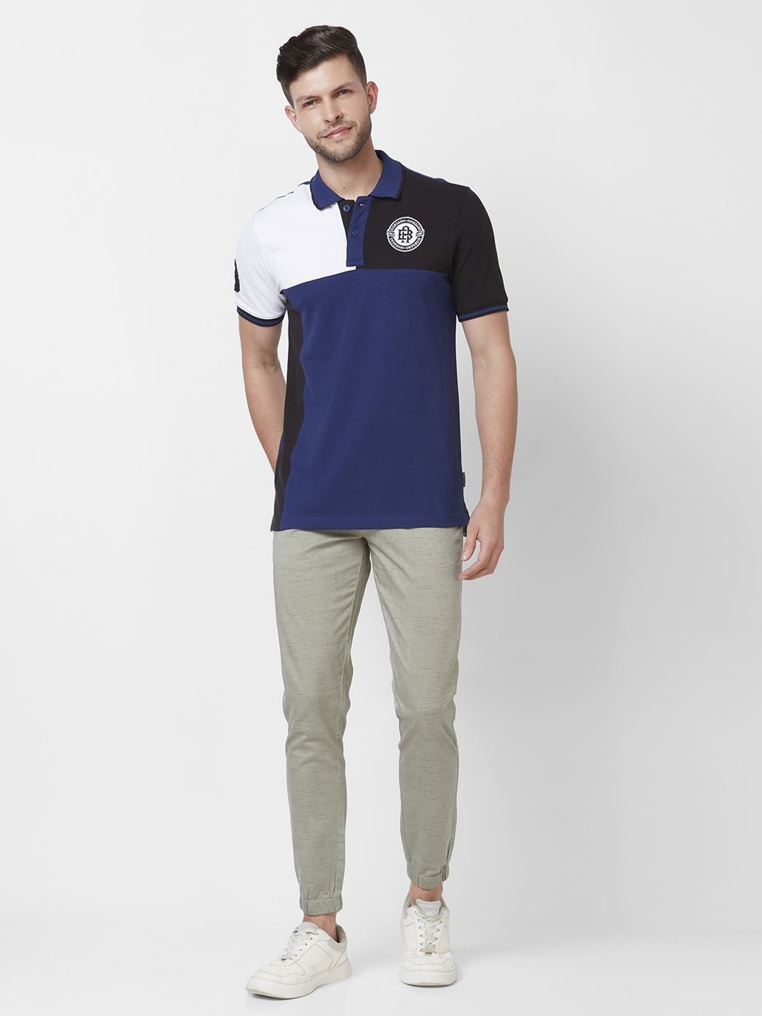 Giordano Navy Blue Cotton Slim Fit Colour Block Polo T-Shirt
