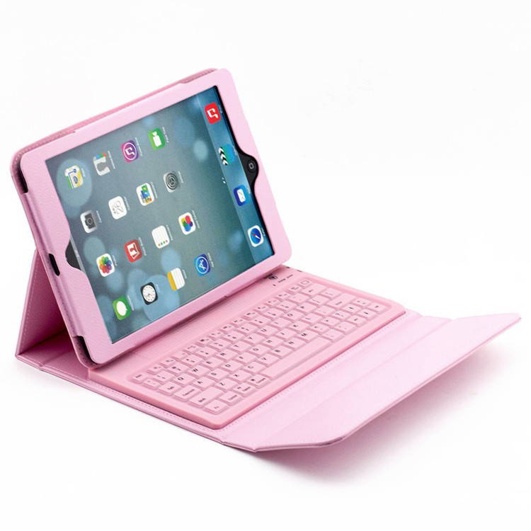 Silicone Bluetooth Keyboard Case For Apple iPad Air 2 / 1 Tablet, Slim PU Leather Folio Stand Case Cover + Soft QWERTY Keyboard