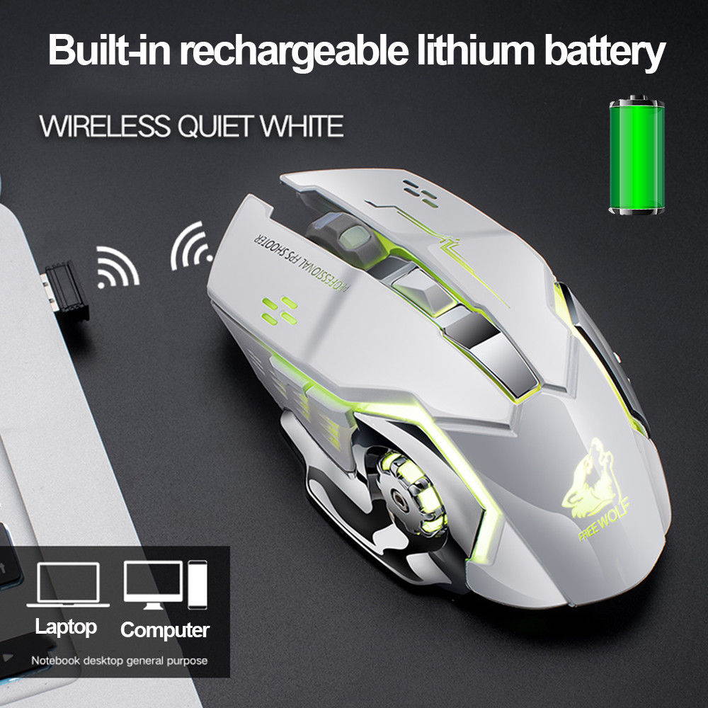 Wireless Mouse 2.4GHz X8 1800DPI Rechargeable Silent 6 Buttons 7 Colors LED Backlit Breath Usb Optical Gaming Mouse For Laptop Computer Notebook Desktop Game Office