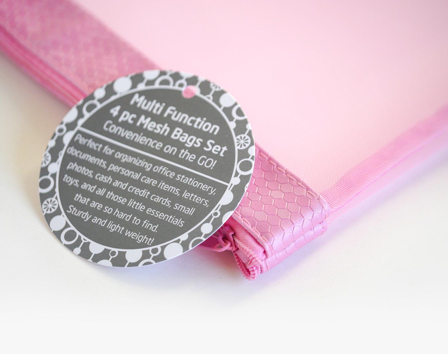 Multi Purpose 4 Piece Mesh Bag Set for Travel, Office Supplies, Cosmetic, Paper, Bill and Credit Card Bag (Pink)