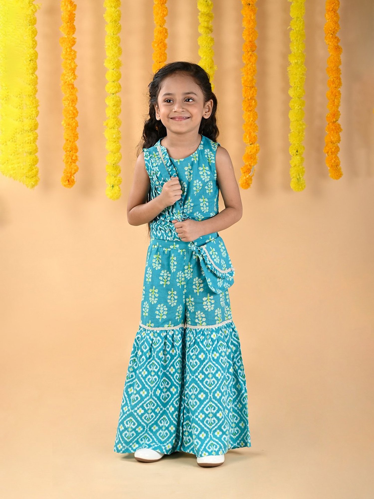 Budding Bees Kids Turquoise Floral Print Top, Sharara with Sling Bag