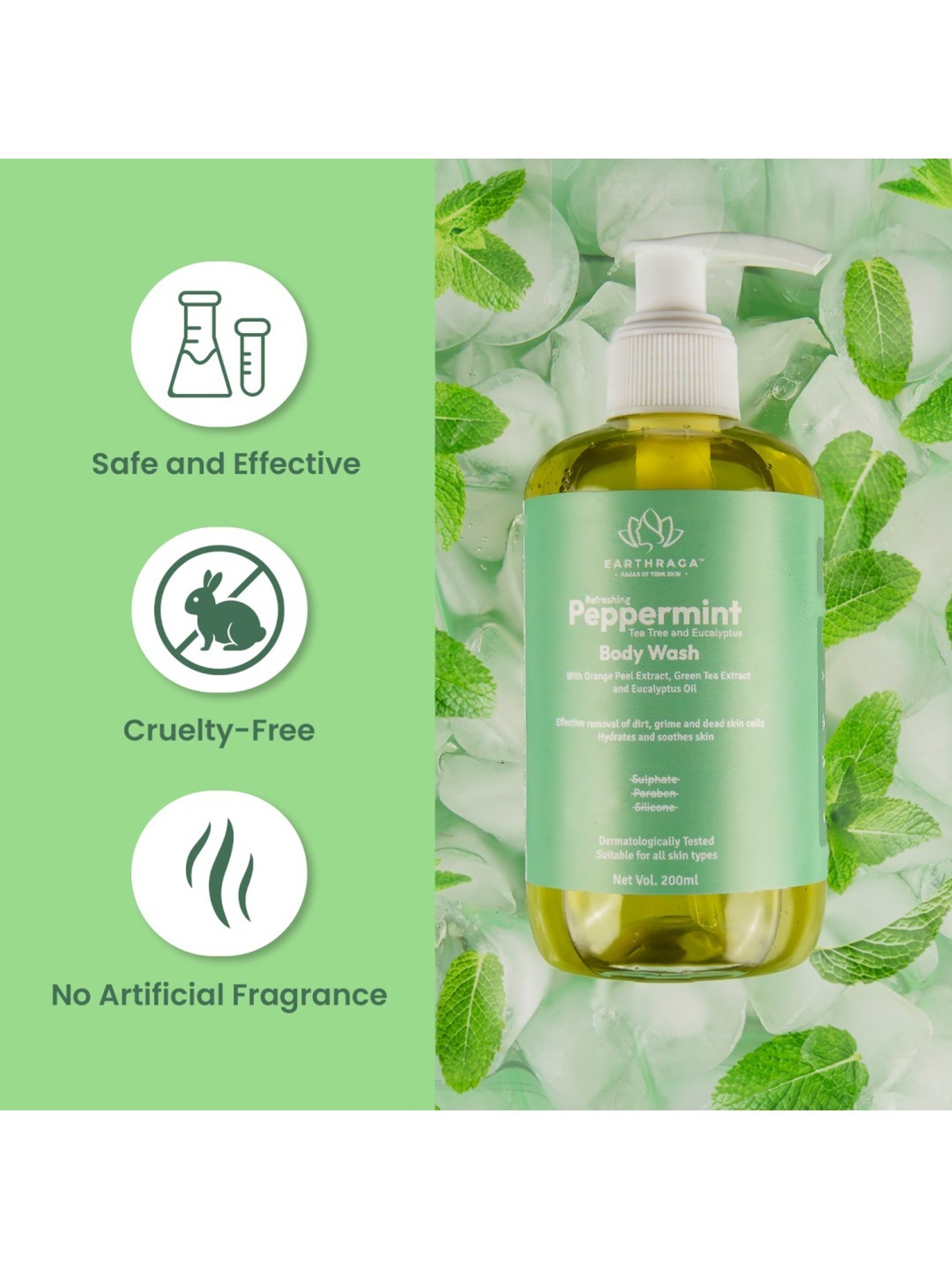 Earthraga Refreshing Peppermint, Tea Tree and Eucalyptus Body Wash - 200 ml