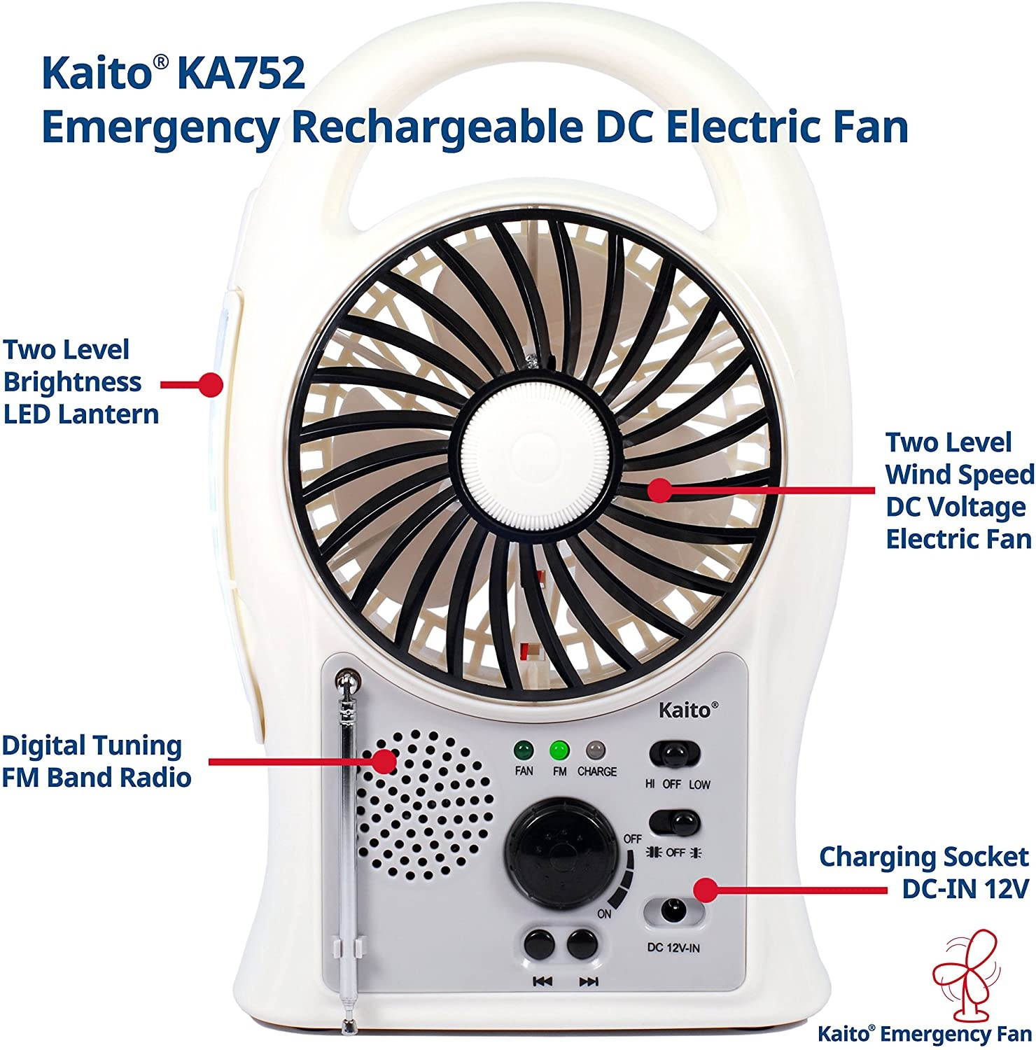 Kaito Portable Electric Fan 3-in-1 KA752 Rechargeable 5" 2-Speed Battery-Powered Personal Fan with Scan FM Radio & 24-LED Camping Lantern