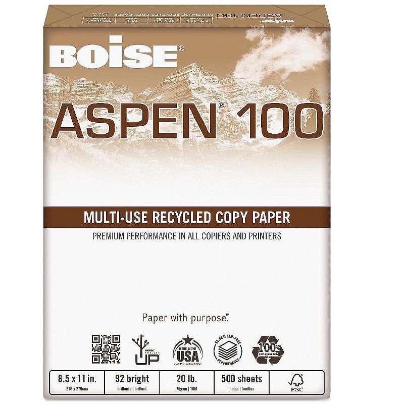 Boise ASPEN 100% Multi-Use Recycled Paper 92 Bright 20lb 8-1/2 x 11 White 054922