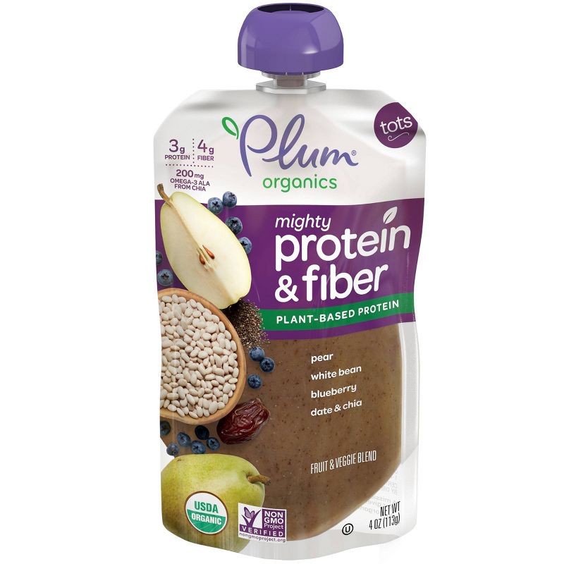 Plum Organics Mighty Protein & Fiber Pear White Bean Blueberry Date & Chia Baby Food Pouch - 4oz