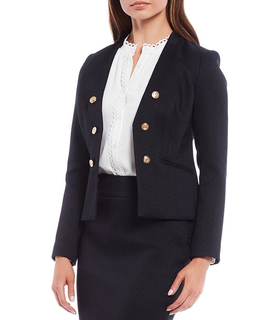 Calvin Klein Petite Size Stretch Woven Suiting Open Front Double Breasted Jacket