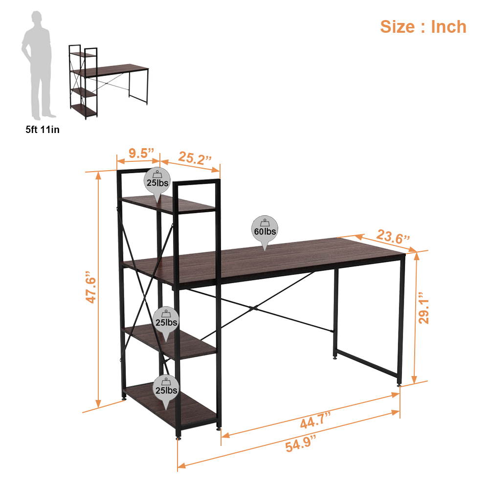 Bestier 63 Inch Computer Desk with Storage Shelves, Modern Bookshelf Desk with Headphone Hook Large Workstation Writing Desk with Reversible Bookshelves Home Office Work Table Study Desk Grey