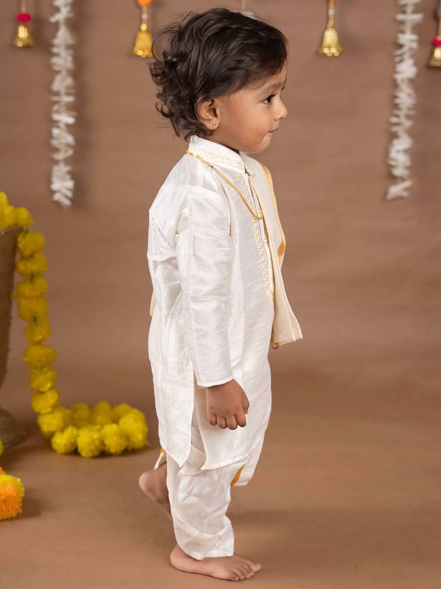 Baby Moo Kids Cream & Yellow Regular Fit Full Sleeves Kurta Set