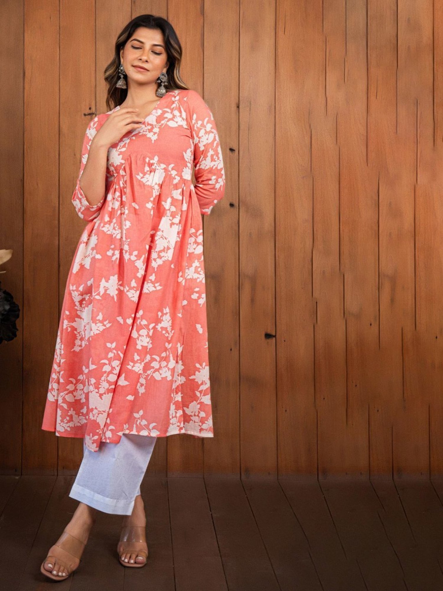 Eeshva India Coral Pink Reverse Dyed Pleated Kurta