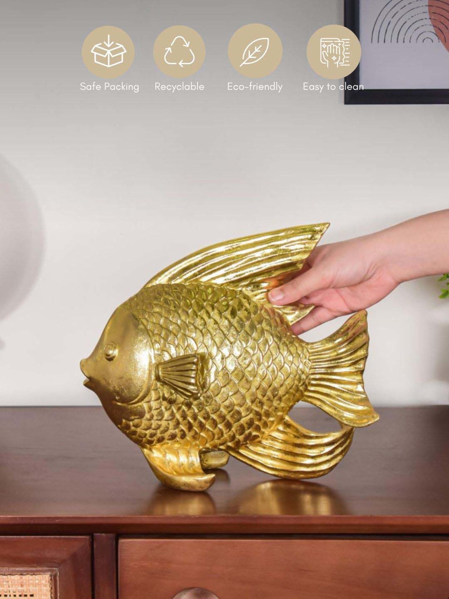 Nestasia Artisanal Intricate Textured Golden Lustre Resin Fish Table Decor With Anti Skid Base 11 "