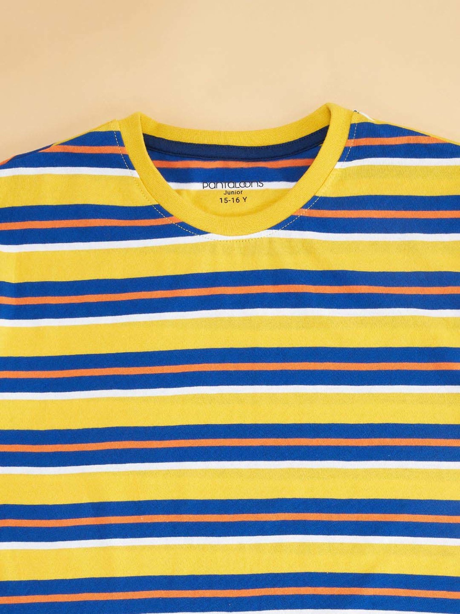 Pantaloons Junior Yellow & Blue Cotton Striped Full Sleeves T-Shirt