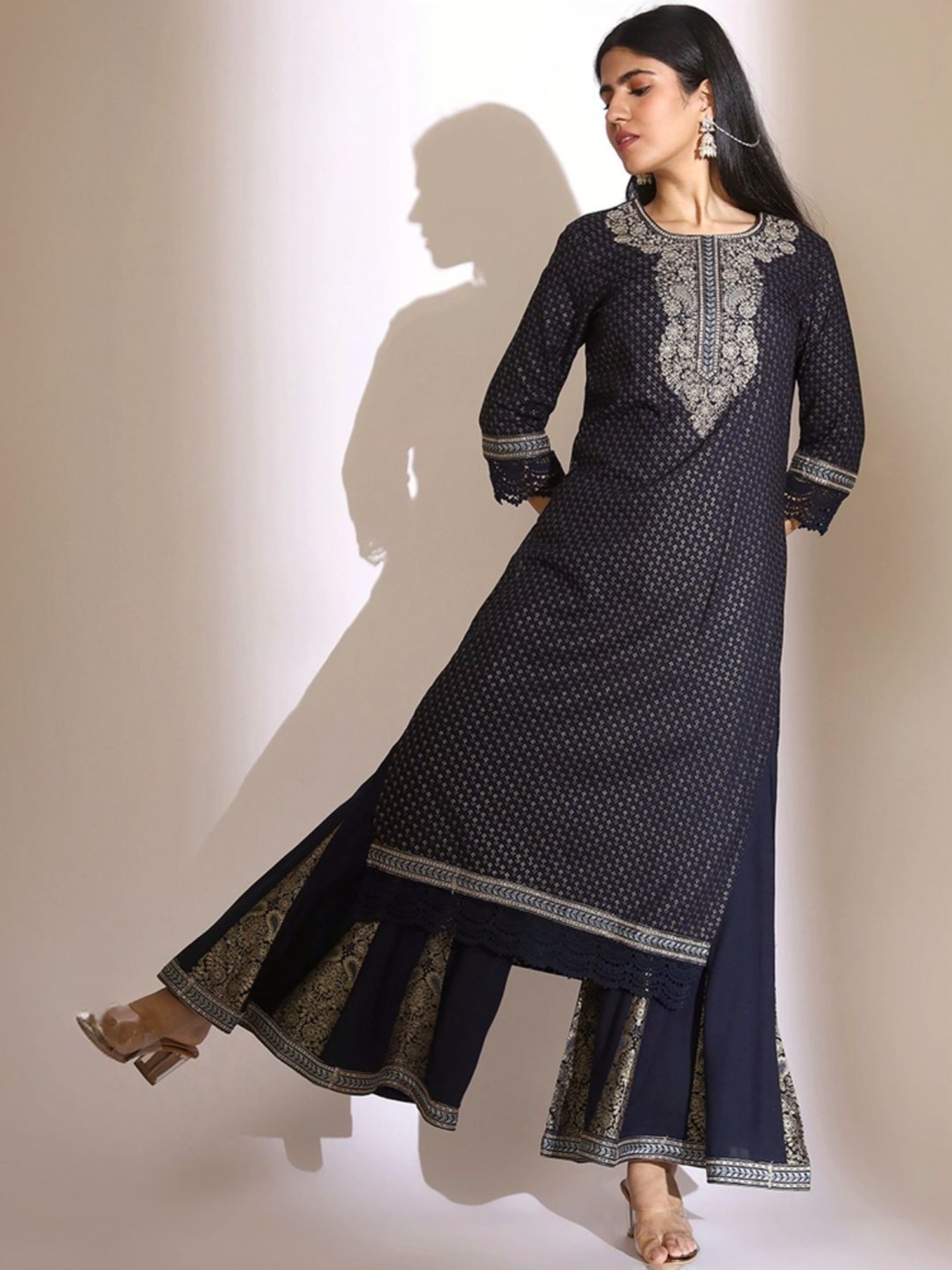 Ishin Navy Embroidered Kurta & Palazzo Set with Dupatta