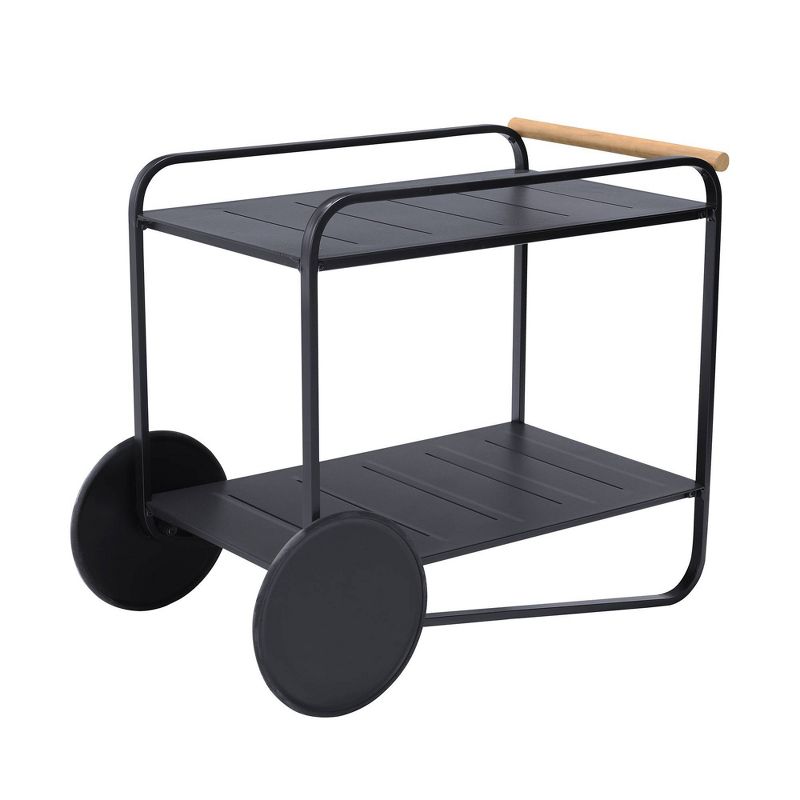 Portals Outdoor Accent Cart in Black Finish and Natural Teak Wood Accent - Armen Living