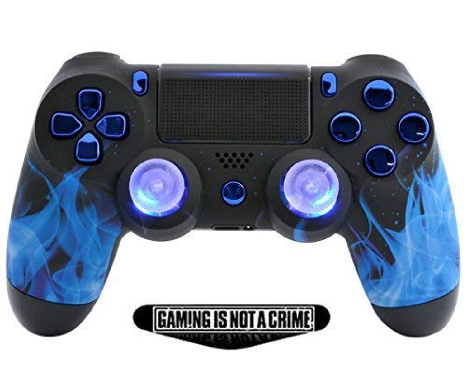 "Blue Fire" Ps4 PRO Custom UN-MODDED Controller Exclusive Unique Design with Illuminating Thumbsticks CUH-ZCT2U
