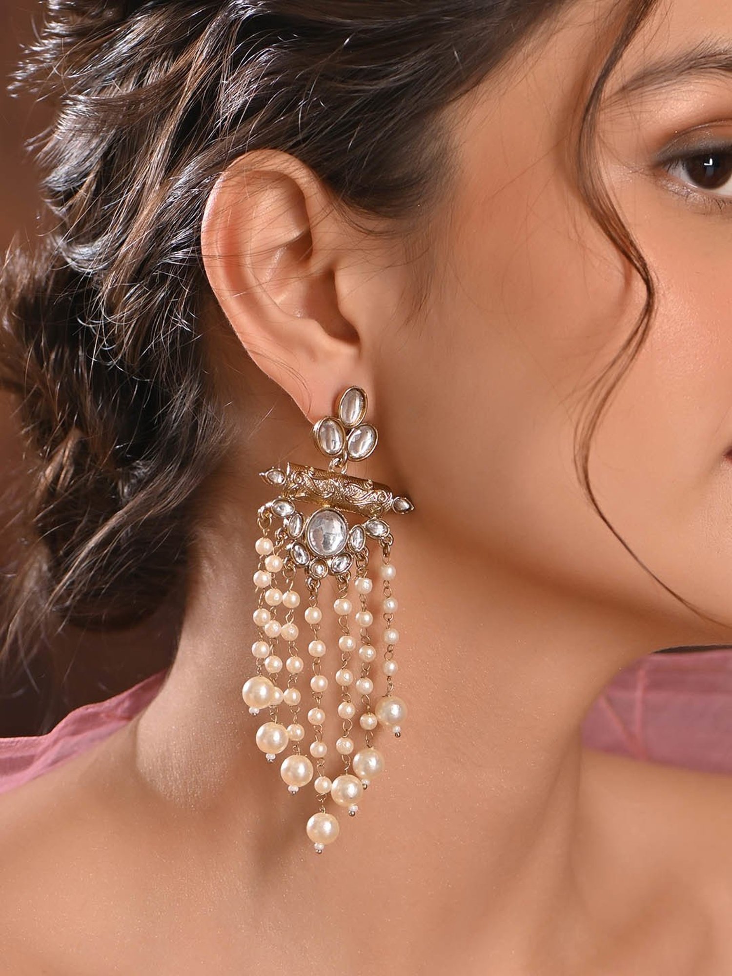 Fida Gold-Plated White Long Strand Kundan Pearl Dangler Earrings for Women