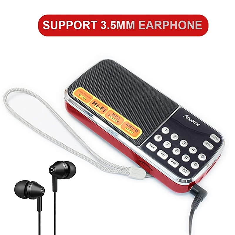 AM FM Radio Portable, Mini Digital Radio Speaker Music Player with Best Reception, Automatic/Manual Search, Radio with Micro SD/TF Card Slot, USB Rechargeable Battery, by  (Red)
