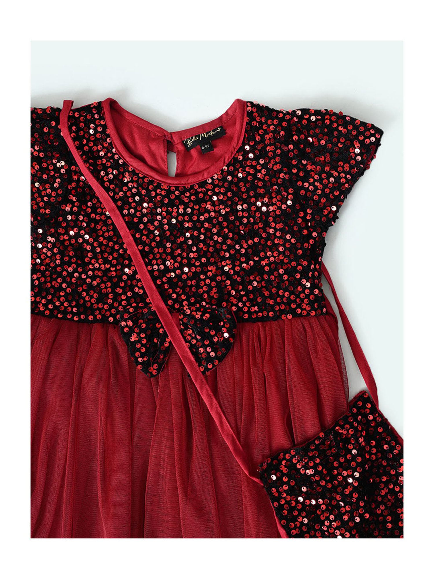 Bella Moda Girls Maroon & Black Embellished Dress with Sling Bag