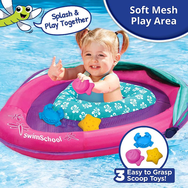 SwimSchool Baby Boat Splash and Play Float with Adjustable Safety Seat, Dual Air Pillow Chambers, and Sun Shade Canopy, Berry/Pink