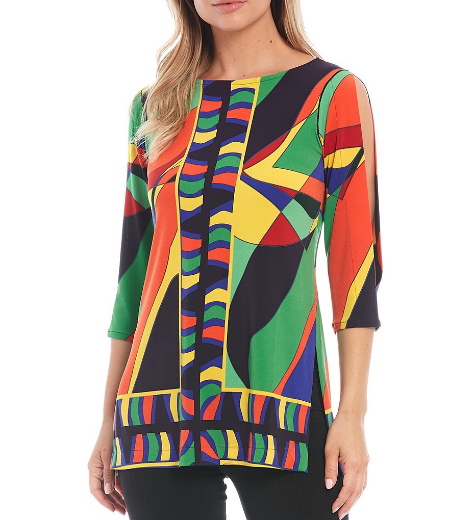 Eva Varro Abstract Geo Print Knit Jersey 3/4 Slit Sleeve Tunic