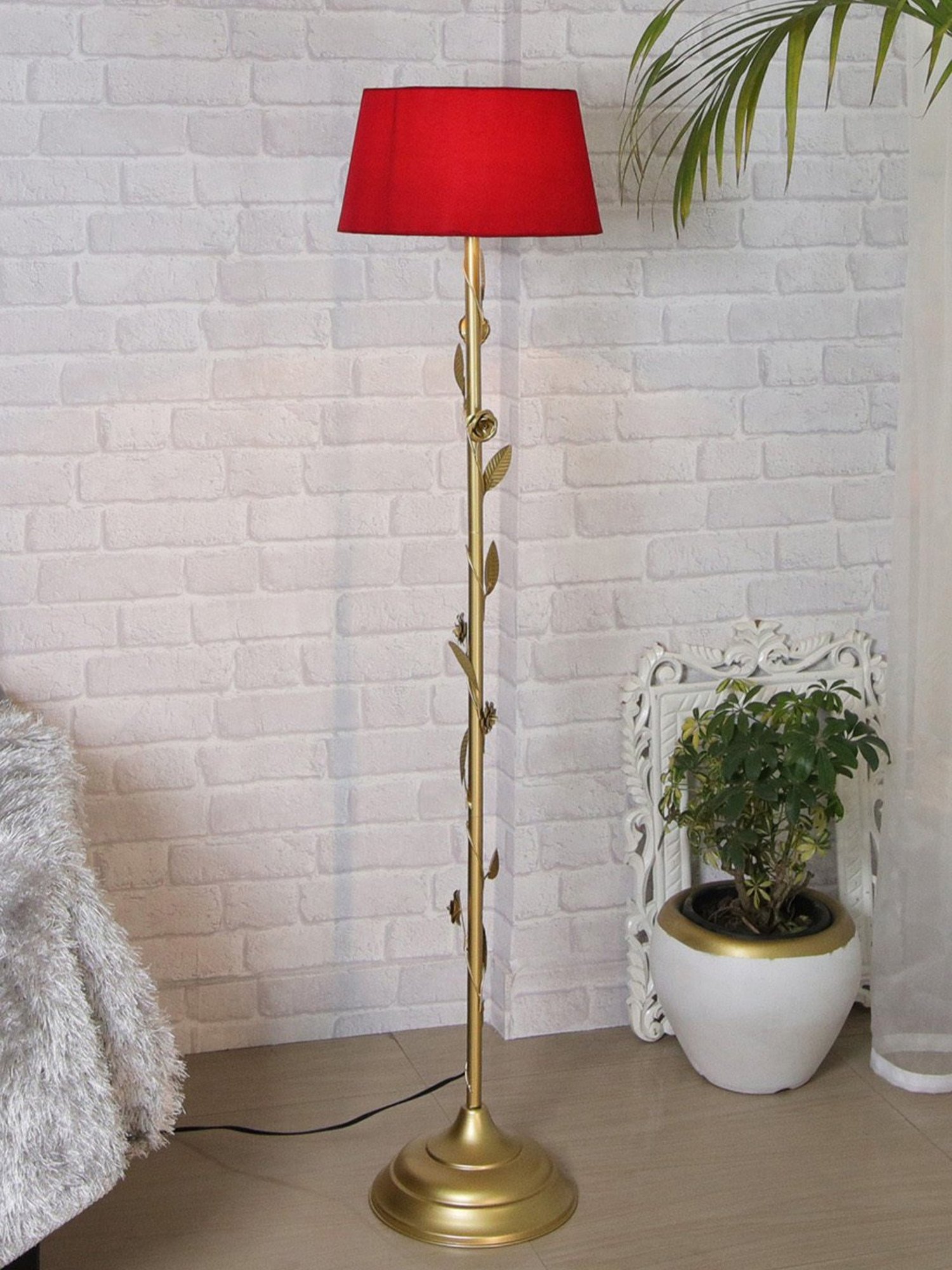Homesake Red & Golden Metal Standing Floor Lamp with Bulb and Floor Switch (Iron Legs)