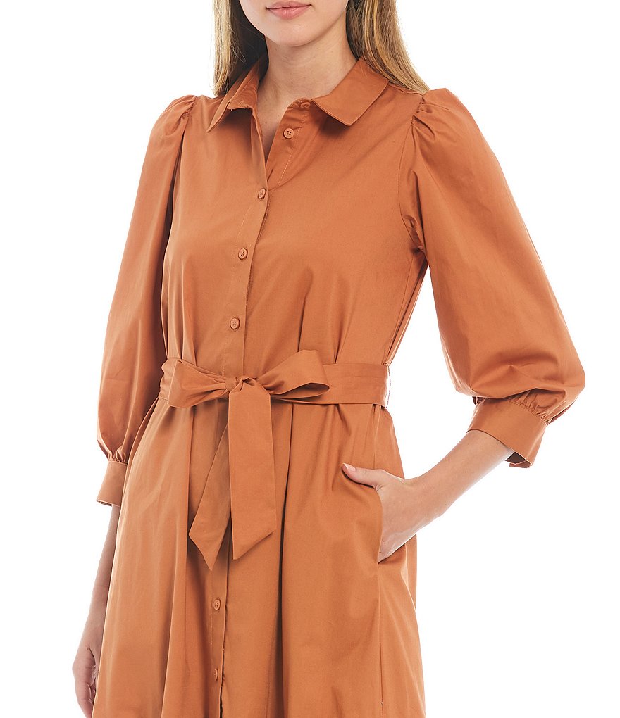 Donna Morgan Cotton Ruffle Hem 3/4 Sleeve Shirt Dress