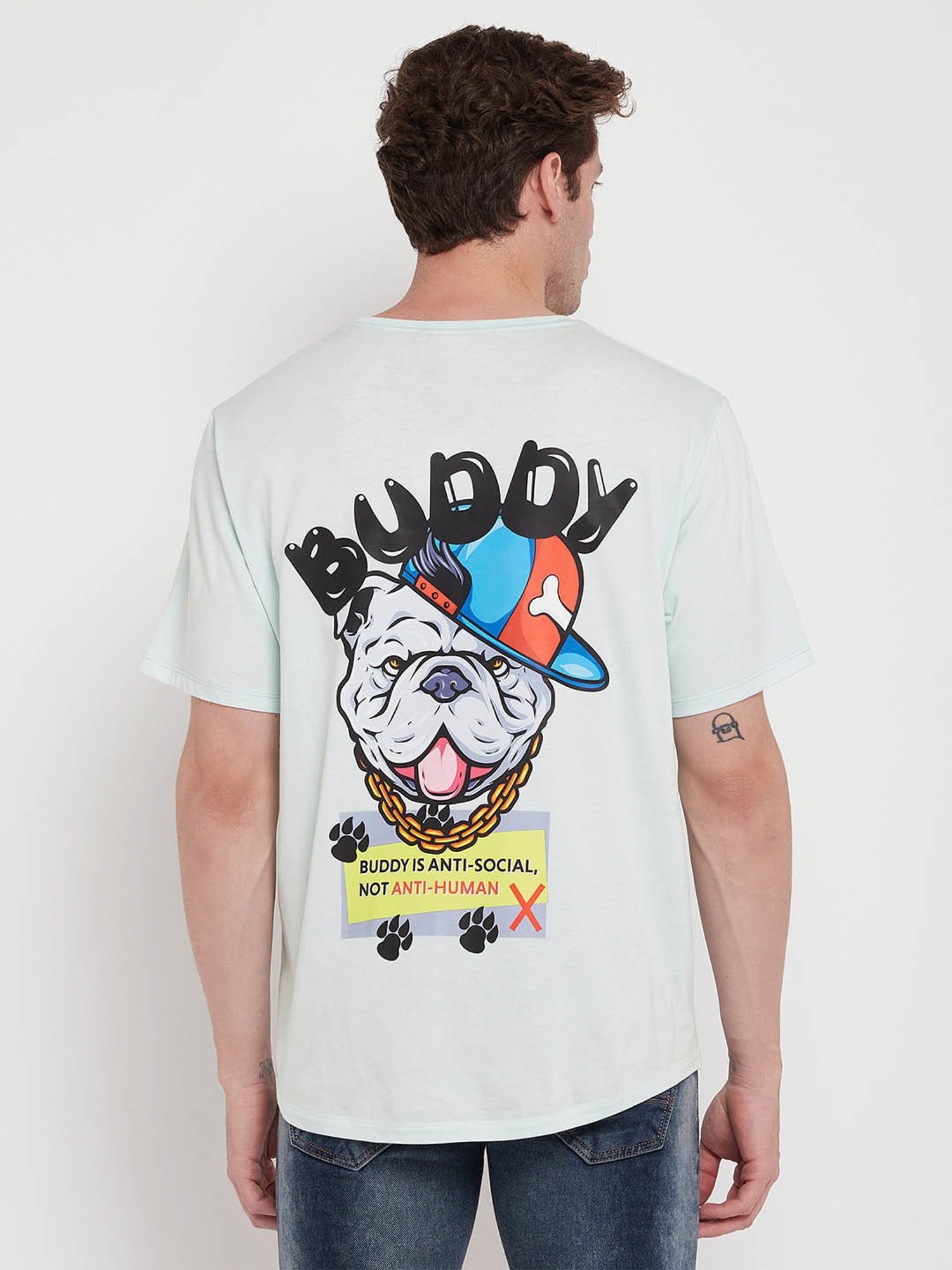 EDRIO Light Blue Regular Fit Printed T-Shirt