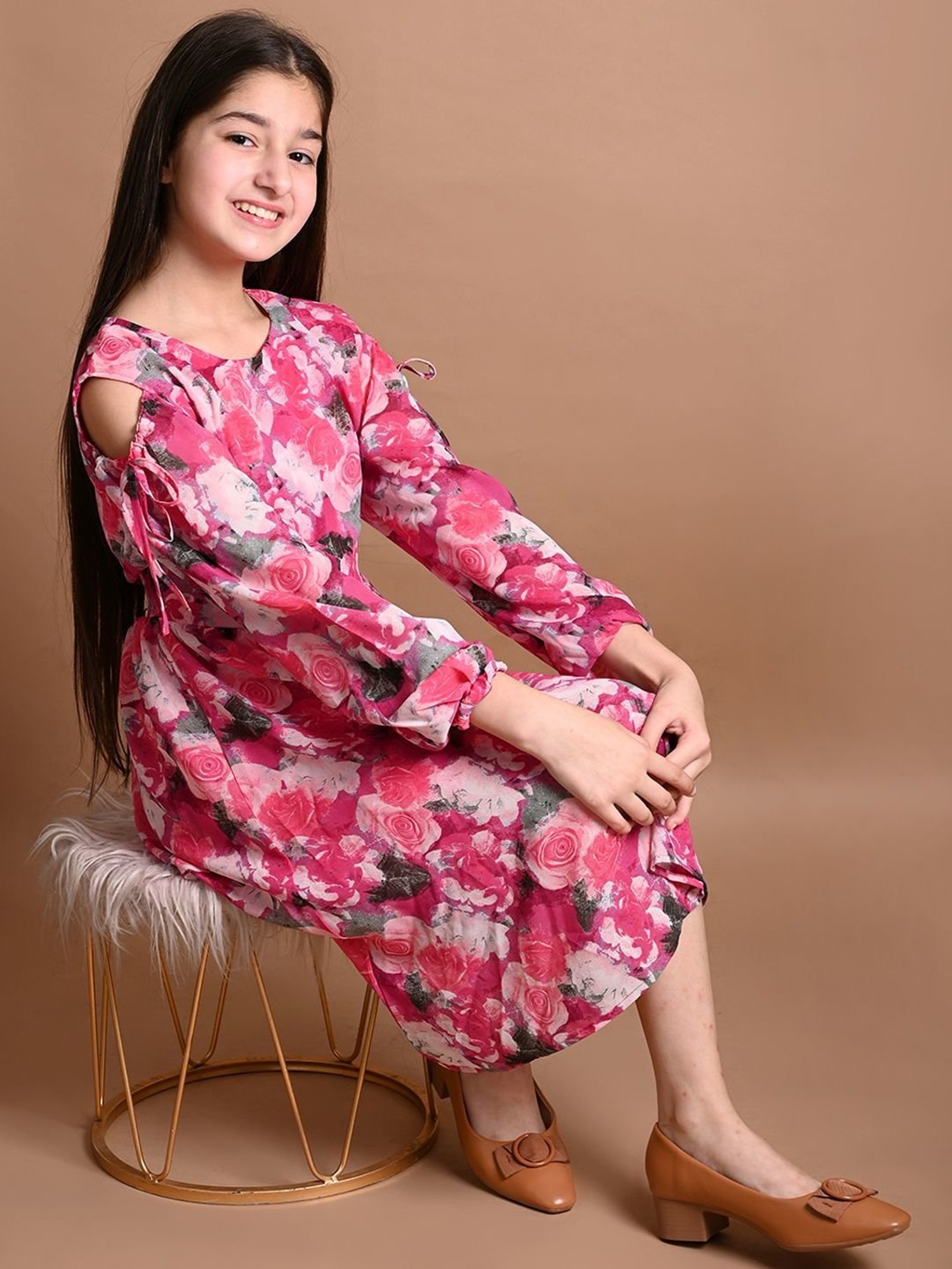 LilPicks Kids Pink Floral Print Full Sleeves Dress