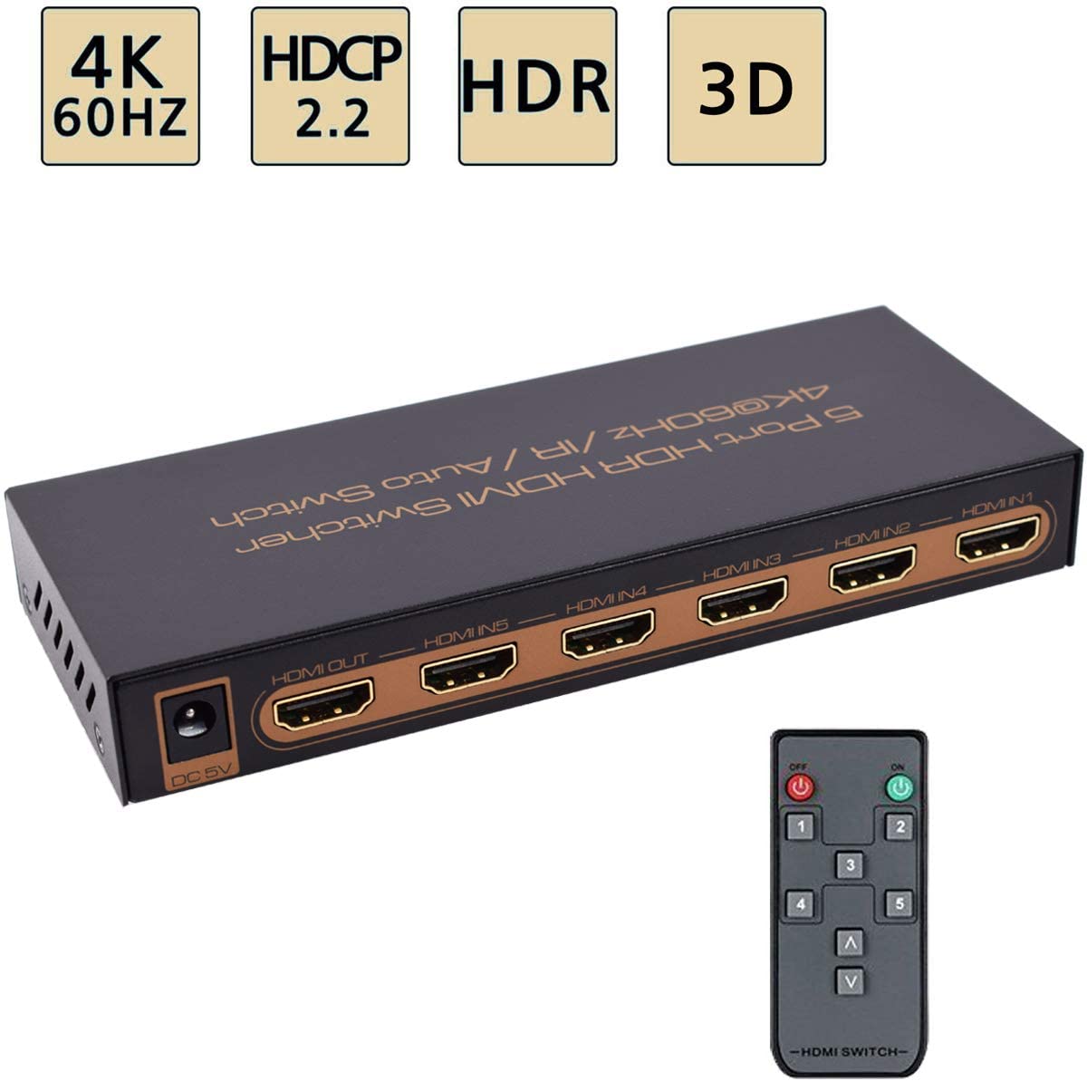 HDMI 2.0 Switch 5x1 Awakelion Premium Quality 4K x 2K/60Hz HDMI Switcher with IR Remote, Support HDR,HDMI 2.0, HDCP 2.2 ,Full HD/3D,1080P,DTS/Dolby (5 In 1 Out)