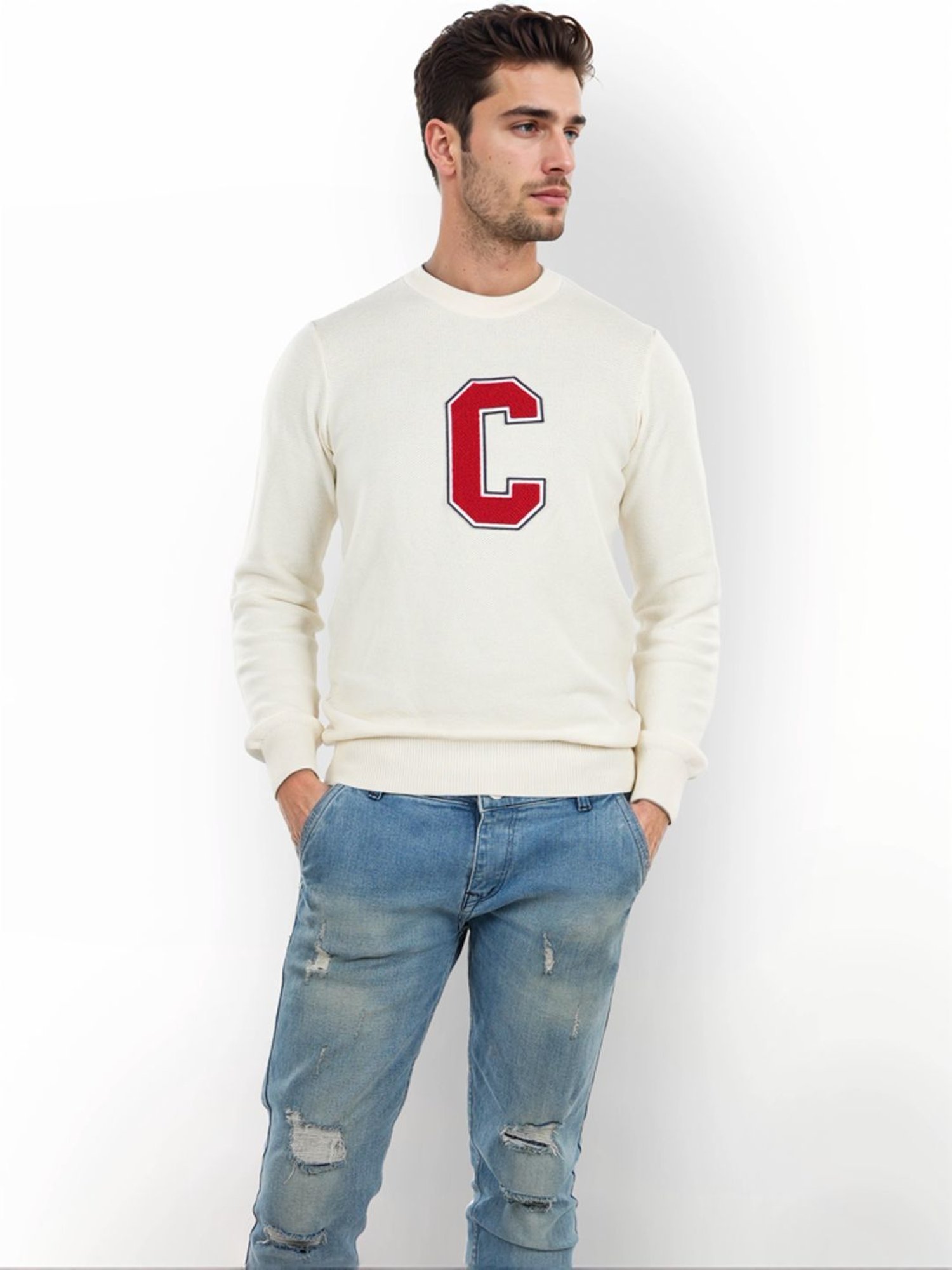 Celio* Ecru Regular Fit Printed Sweater