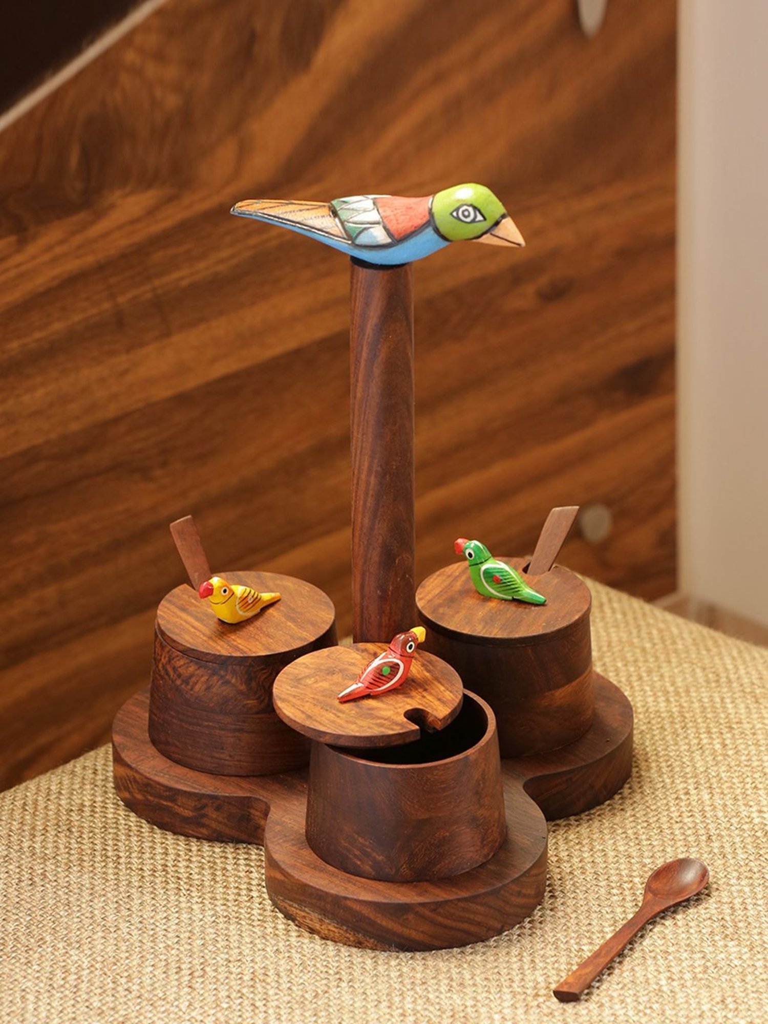 ExclusiveLane 'The Perched Family' Jar Set With Tray & Spoons In Sheesham Wood
