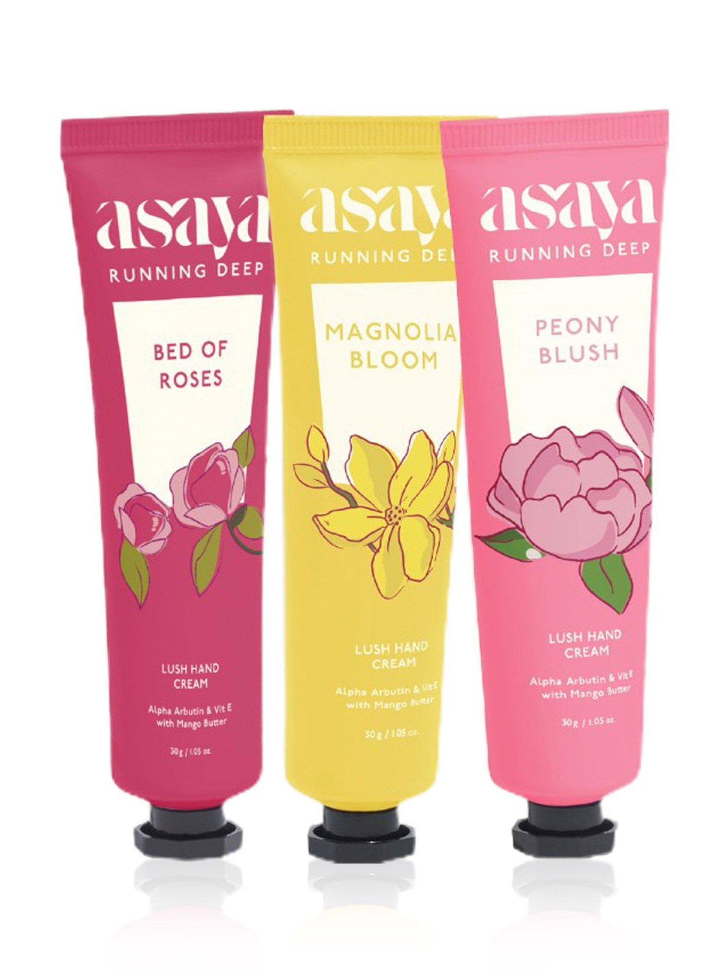 Asaya Bed of Roses, Magnolia Bloom & Peony Blush Lush Hand Cream - Pack of 3