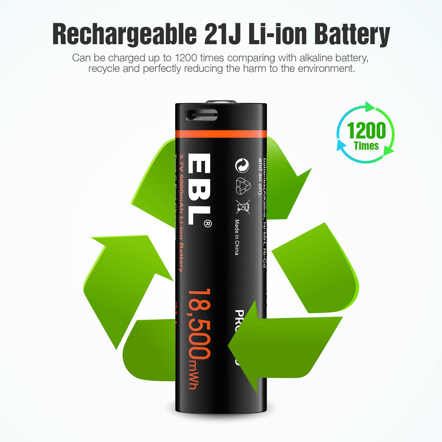 EBL 5000mAh Rechargeable Batteries, 3.7v Lithium-ion Battery with Type-C USB Charging Cable for Flashlight, LED Head Lamp