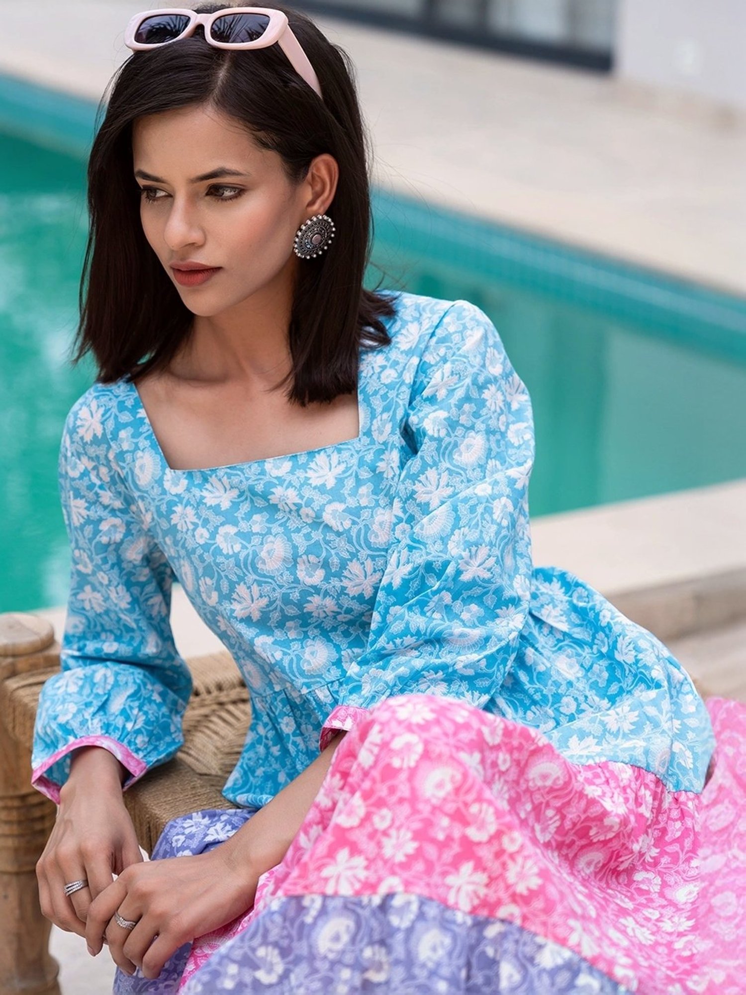 Yufta Blue Cotton Printed A-Line Dress