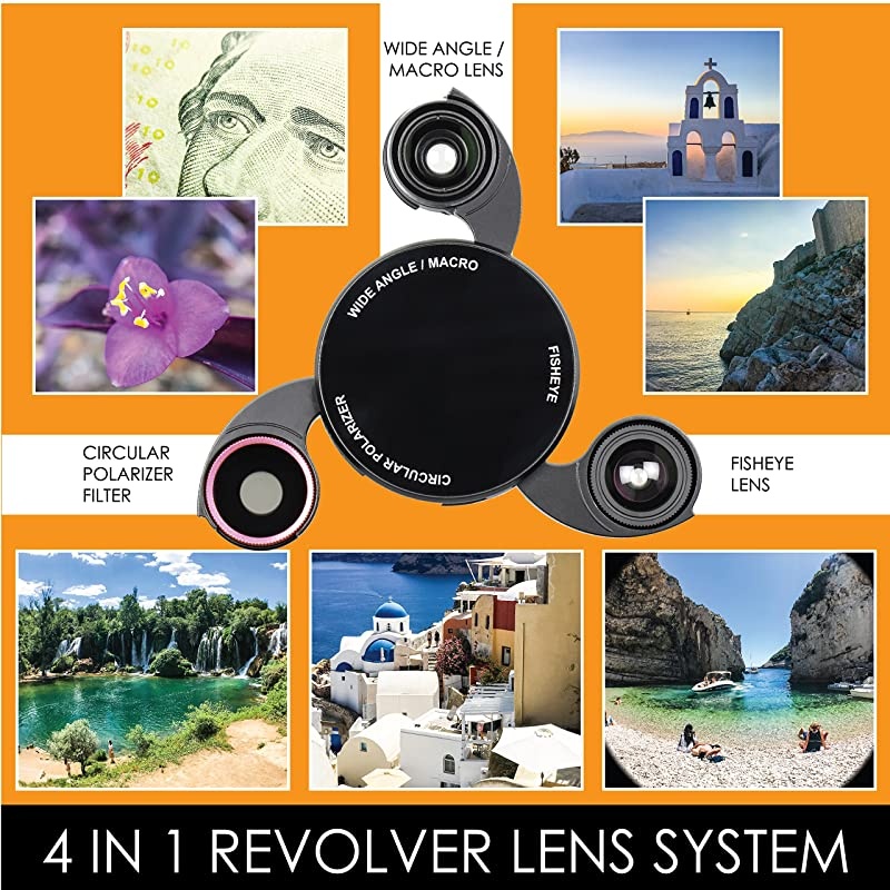 Designer Revolver M Series Camera Kit: 4 in 1 Lens with Case for iPhone 7/8 / SE 2020 &ndash; Fisheye Lens, Wide Angle Lens, Macro Lens, CPL (Aurora Borealis)