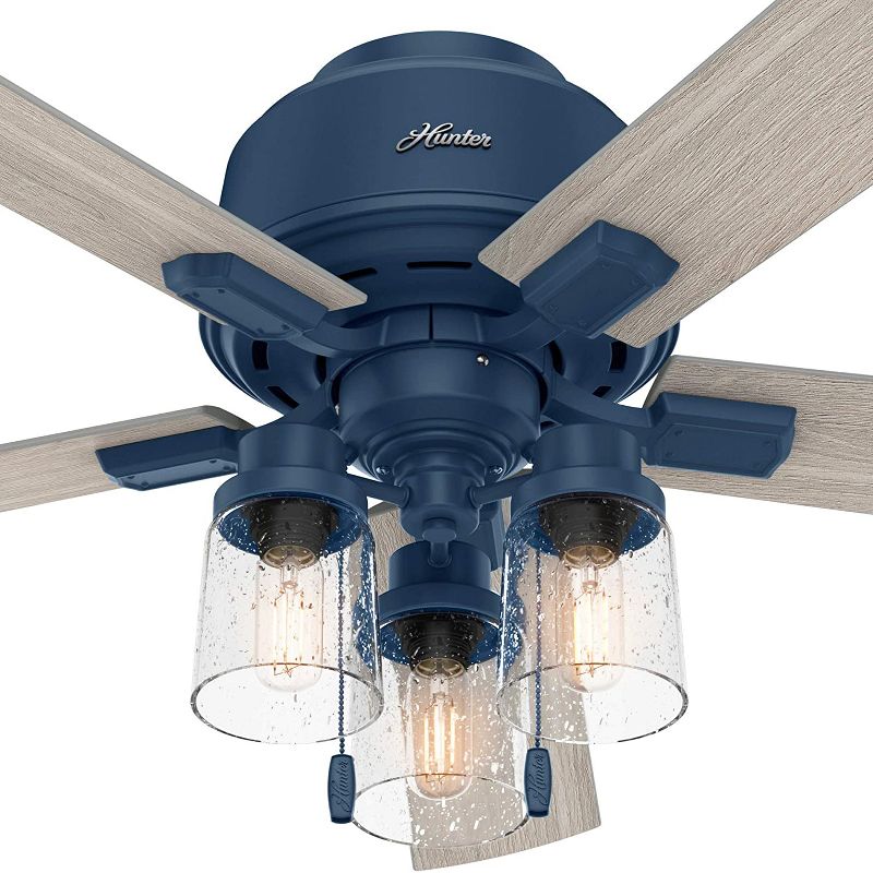 Hunter Fan Company Hartland Low Profile 52" Indoor Home Ultra Quiet Ceiling Fan w/ Light Gray Oak Blades, Pull Chain, & LED Lights, Indigo Blue