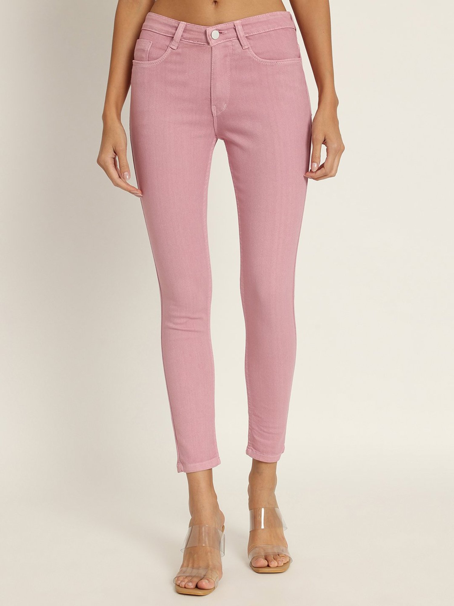 Angelfab Light Pink Cotton Skinny Fit High Rise Jeans