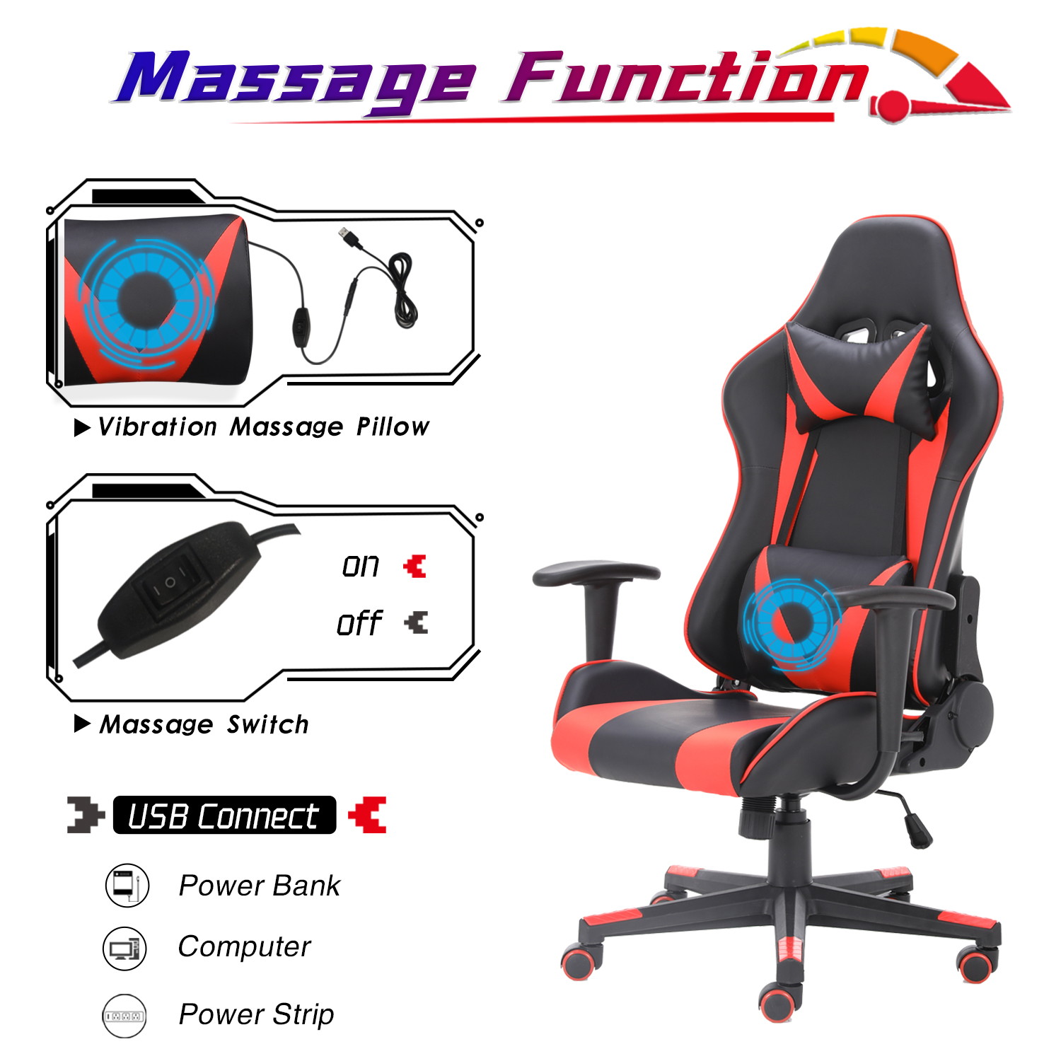 Racing Style Ergonomic Computer Gaming Chair Massage Chair with High-Back Swivel PU Leather, Seat Height Adjustable, and Lumbar & Head Support
