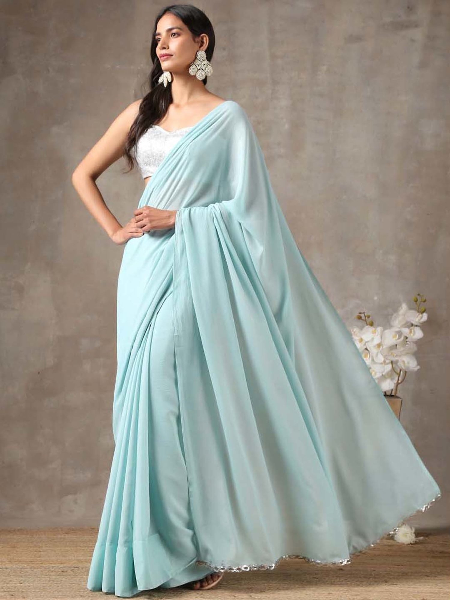 Swtantra Sky Blue Chinon Saree