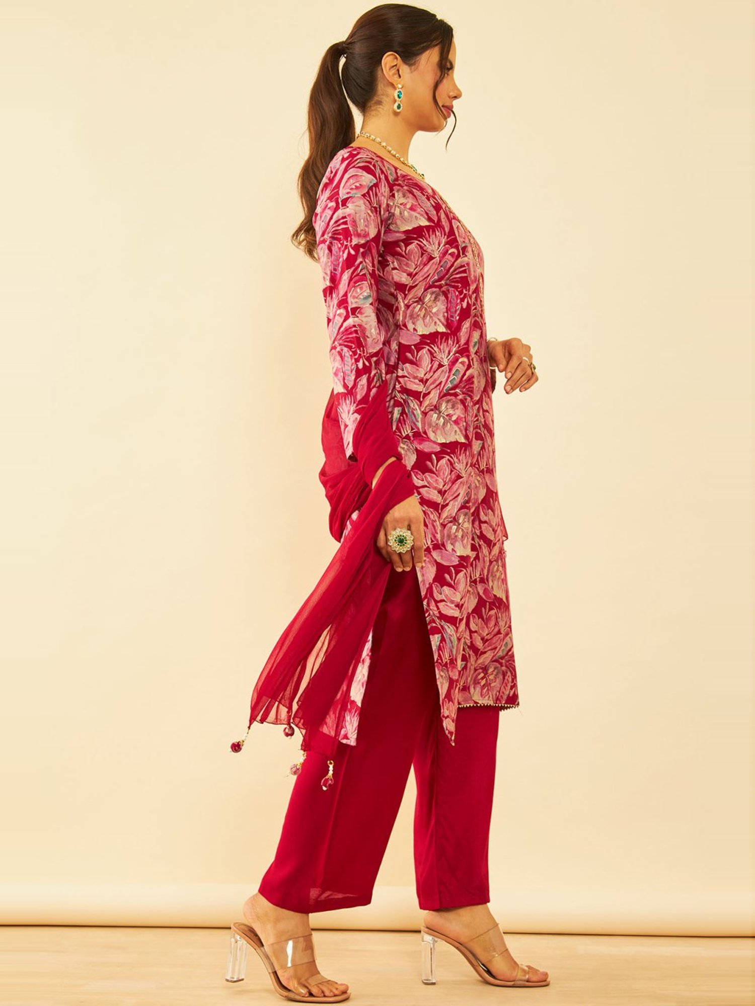 Soch Red Floral Print Unstitched Dress Material