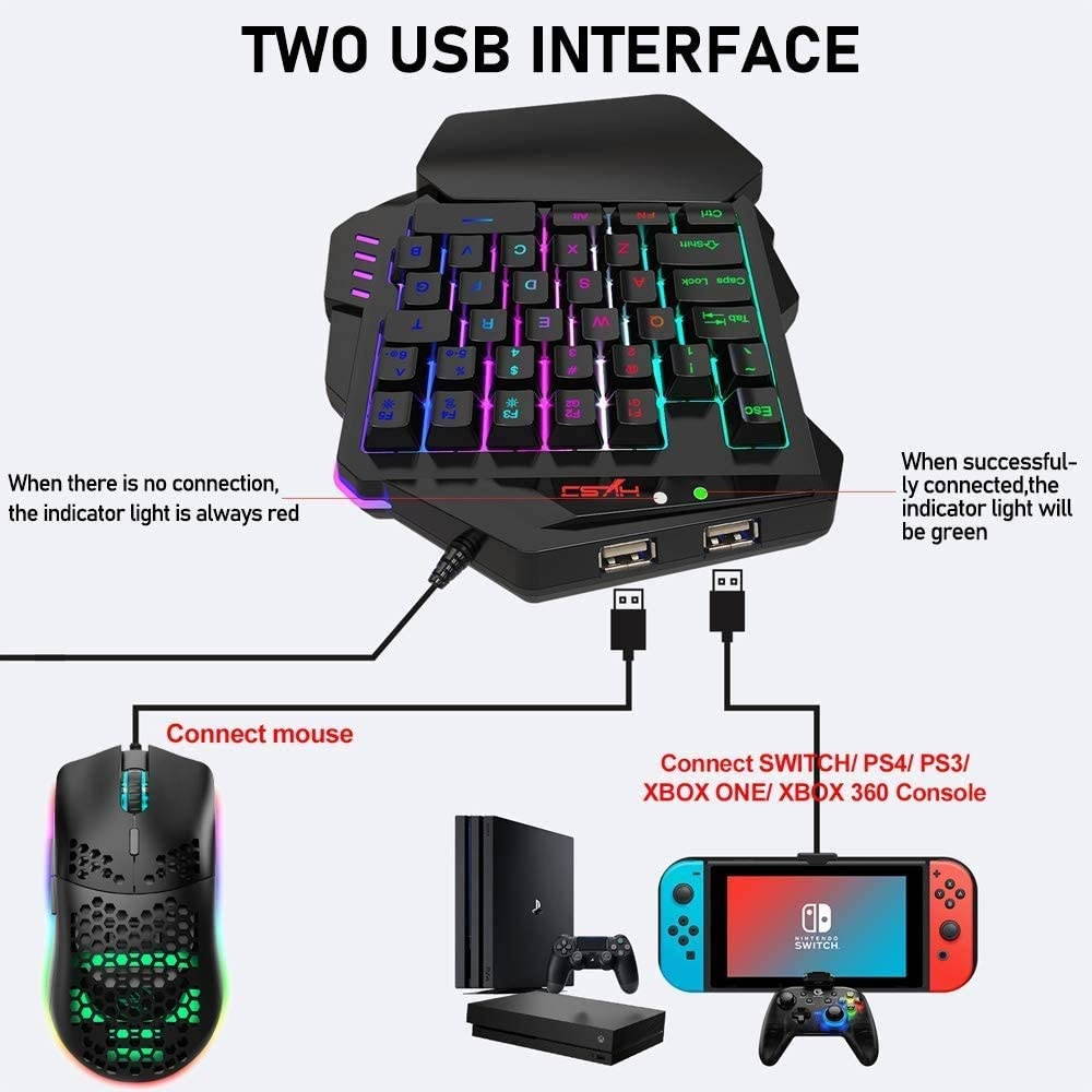 One Hand Gaming Keyboard and Lightweight Honeycomb Mouse Combo Portable with 35 Keys Rainbow RGB Backlight Ergonomic Wrist Rest Mouse-pad Adjustable Mice DPI USB Wired Only for PS4 X-Box Game Console