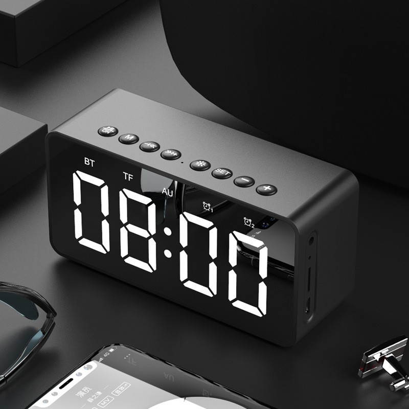 Wireless bluetooth speaker, bluetooth 5.0 speaker with mirrored LED alarm clock and built-in microphone voice, for Android and IOS smart phones,Black