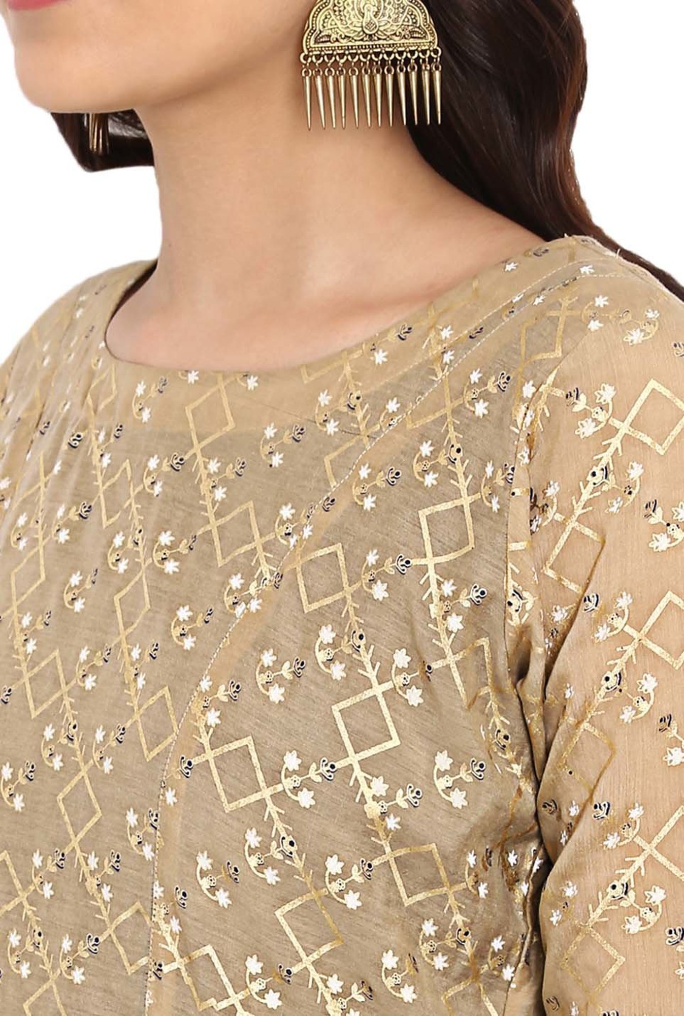Ziyaa Beige & Navy Printed Kurti Palazzo Set