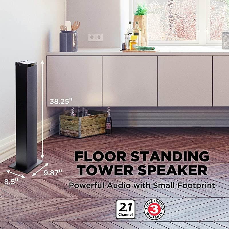 Bluetooth Tower Speaker with Builtin Subwoofer BlueSYNC STW Floor Standing Speaker Tower with Thumping Bass Immersive 120W Peak Power AUX Flash Drive MP3 FM Radio USB Port Single