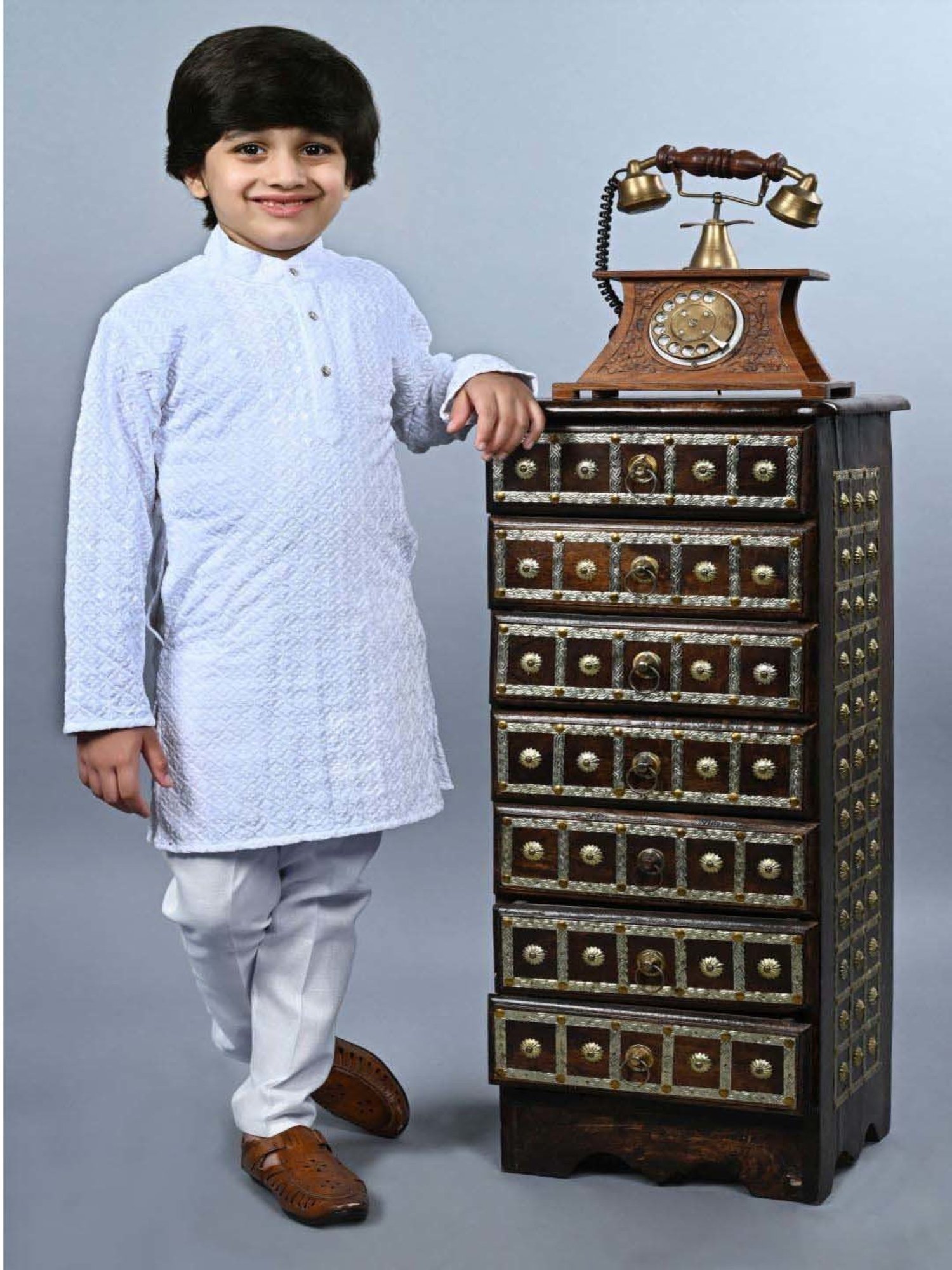 Ahhaaaa Kids Blue & White Cotton Embroidered Full Sleeves Kurta Set