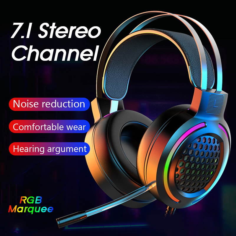 Gaming Headset Earphone Wired Gamer Headphone 7.1 Surround Stereo Sound Headsets with Mic LED light for PC Gamer (USB Plug)