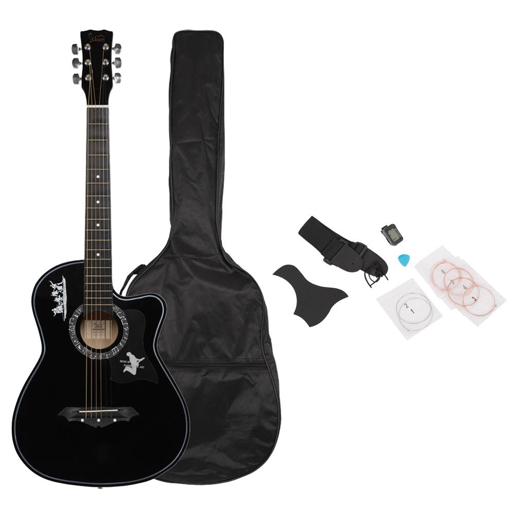 Glarry GT507 38 inch Spruce Guitar with Bag & Strap & Guitar Pick & LCD Mixer & Guard Plate & String Pure Black